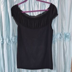 KENAR Off-the-shoulder scoop neckline  ruffled Trim Black Top Sz L